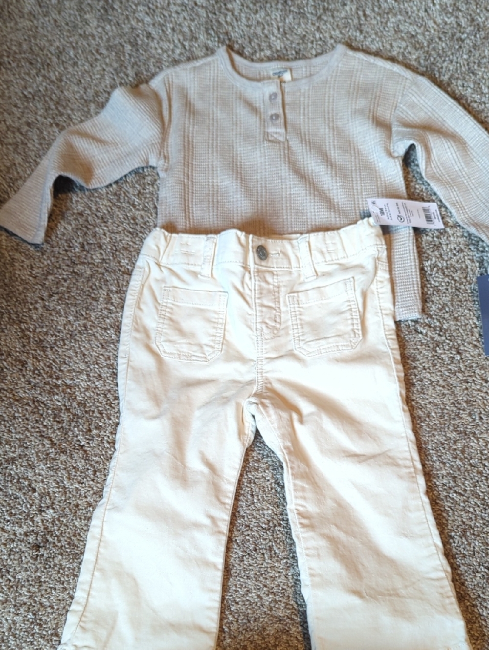 Kids Cream Corduroy Pants And Long Sleeve Henley Top